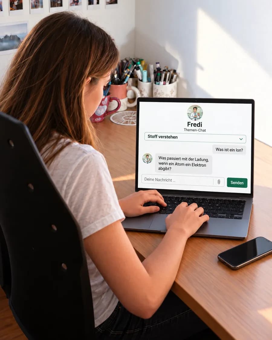 Eine Schülerin lernt am Schreibtisch mit dem Lernassistenten auf dem Laptop.